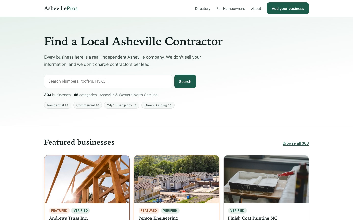 The AshevillePros.com homepage, designed and built by Gridwork