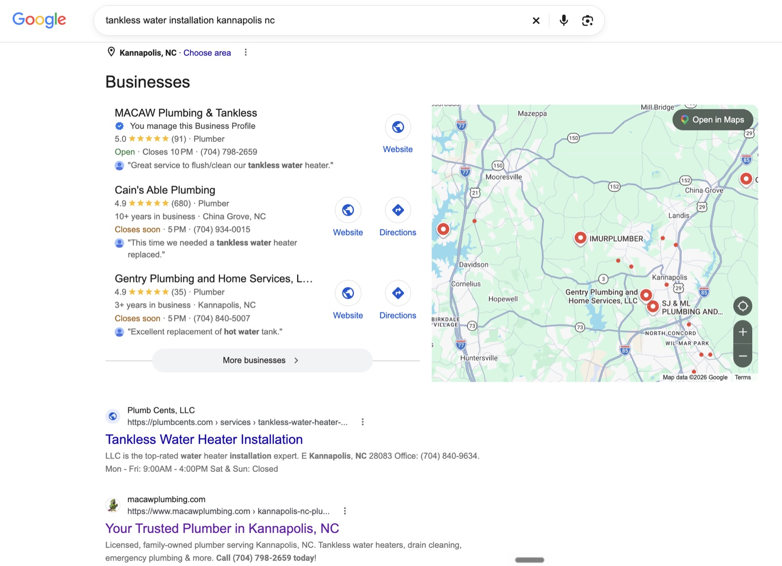 Google results for tankless water installation Kannapolis NC, with Macaw Plumbing & Tankless first in the map pack and the #2 organic result