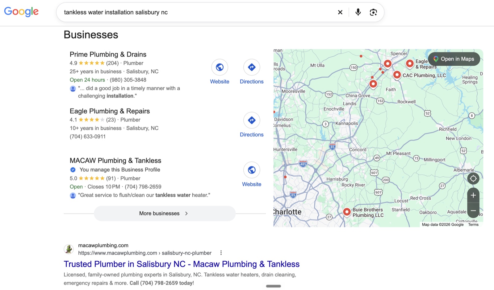 Google results for tankless water installation Salisbury NC, with Macaw Plumbing & Tankless in the map pack and the #1 organic result