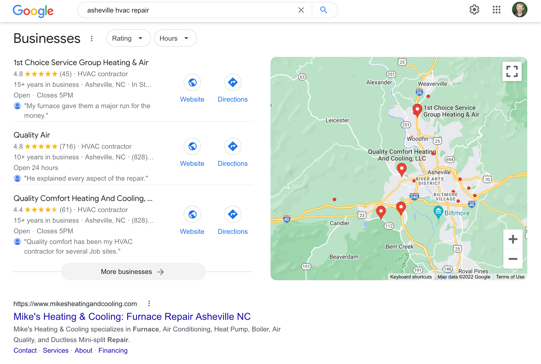 A Google Business Profile listing for an Asheville HVAC company in search results