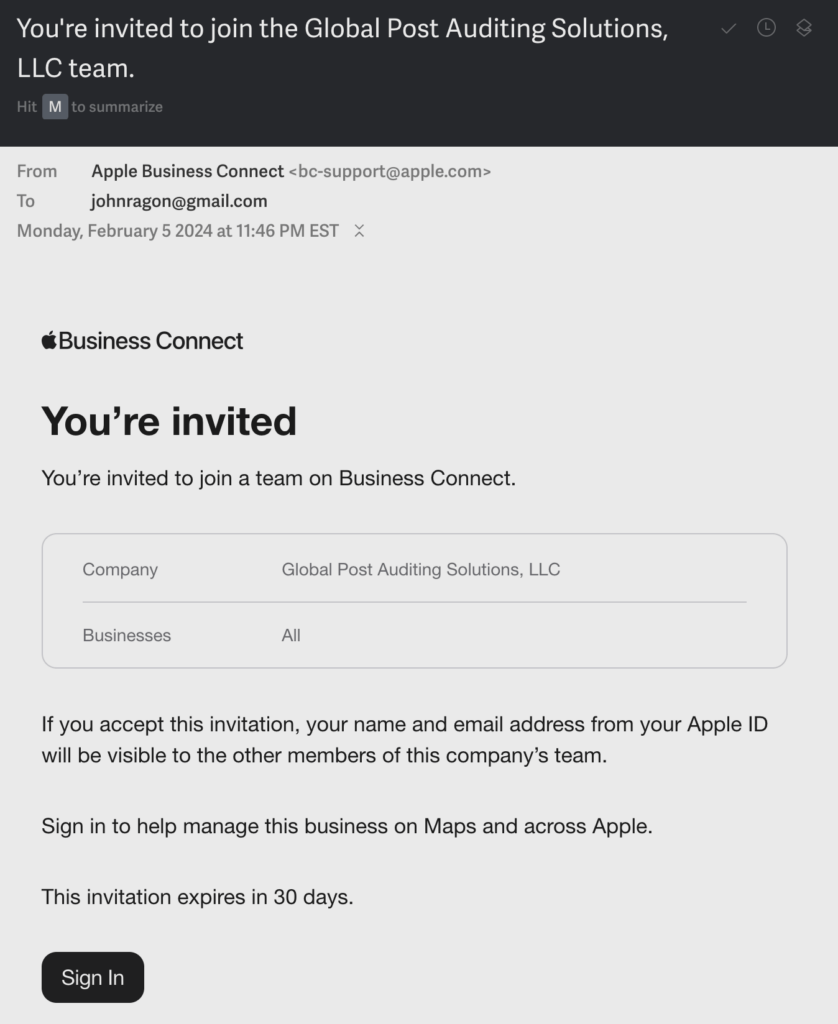 Email from Apple Business