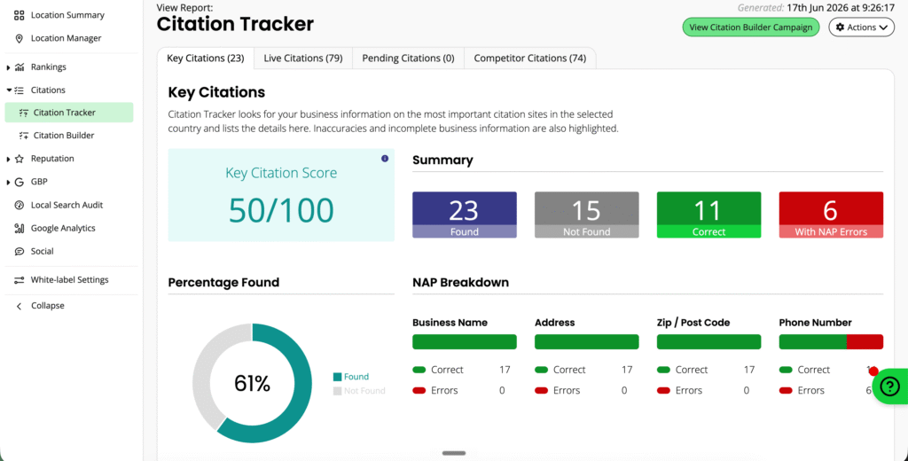 Brightlocal local SEO citation tracker dashboard